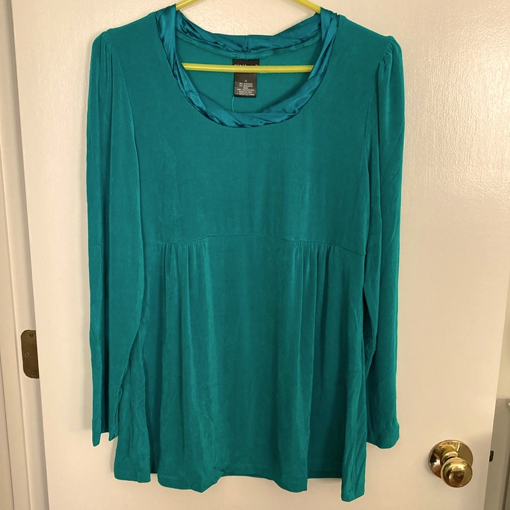 CitiKnits Green, Rounded Detailed Trim Neckline, Womens Long Sleeve, Size M Top